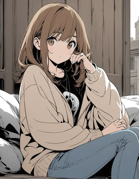  black shirt, Long sleeves, woman in jeans, short brown hair,       official art, (flat_color:0.9),