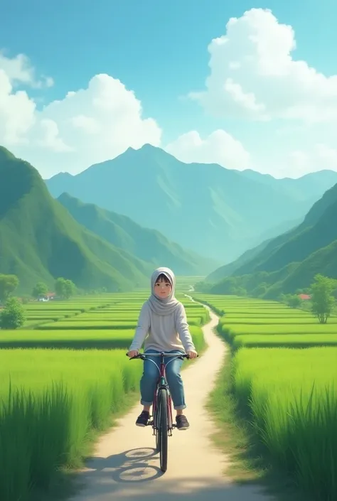 Create a stunning image with very high quality 32k, A little Asian girl with a beautiful face, wearing casual clothes and a hijab, sitting on a bicycle on a path between terraced rice fields, surrounded by nature, mountains, and a beautiful sky.