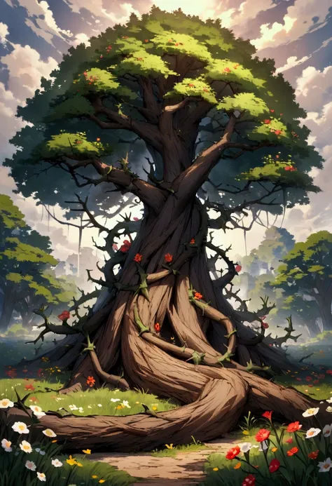   A large tree in the middle of a field ,  with deep roots and flowers that grow from its branches.  Each flower represents acts of kindness , patience and peace ,  obscuring the thorns that symbolize violence .