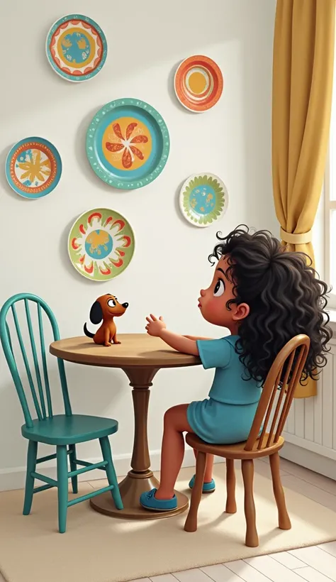 Disney pixar , Wall of plates , round table ,  mixed-race girl wavy hair , cachorro daschround