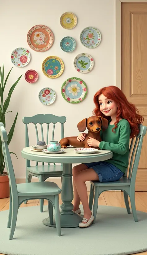 Disney pixar , Wall of plates , round table , Wavy haired girl with daschround dog on her lap 