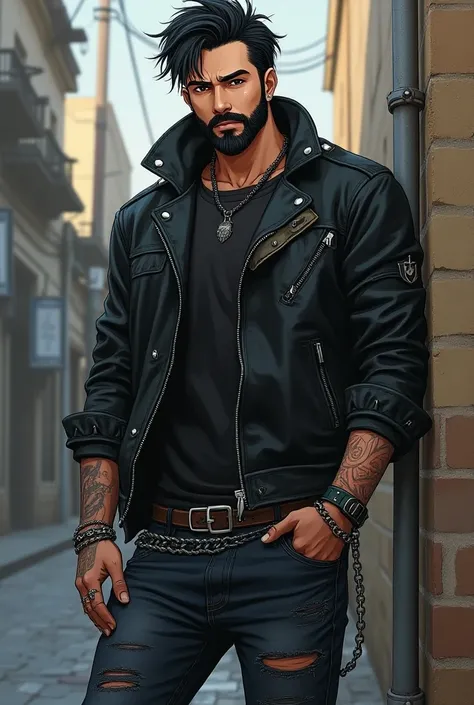 Anime bearded man not very muscular with medium black coloured hair wearing punk clothes and chains around his hip