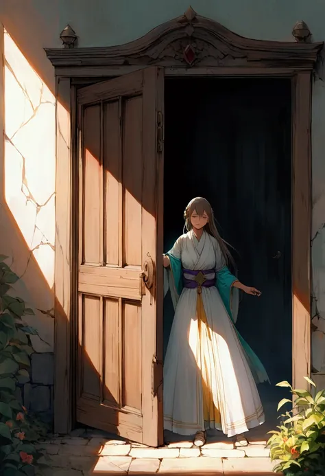 An old and worn door ,  that when opened reveals a world full of light and bright colors,  with ren crossing into a place free of violence ,  where respect and harmony reign .