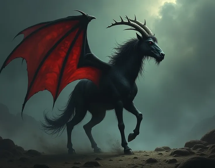  A dark landscape with a figure of a slender hairy monster standing with goat horns and giant wings of a red bat and a horses head of , right profile , on the move 