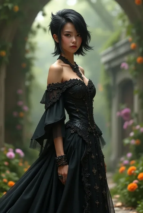 A 17 year old girl kind of introvert enters a fairytale world short layers hair wearing full black bodycon and princess dress mixture a badbitch kind of attitude 
