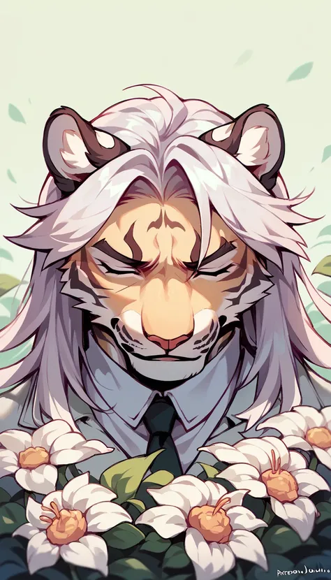 a juvenile tiger, hairstyle (long hair), in white suit, with eyes closed, while holding a daffodil, on the face in the middle of...