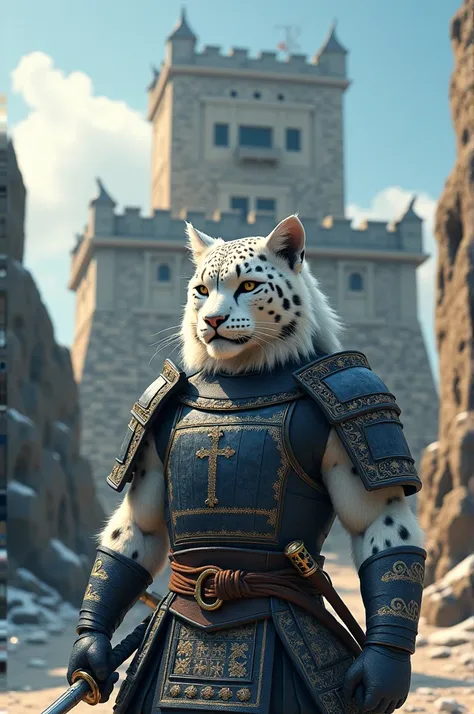 Snow leopard samurai warrior standing in front of a castle while holding a Katana during daylight