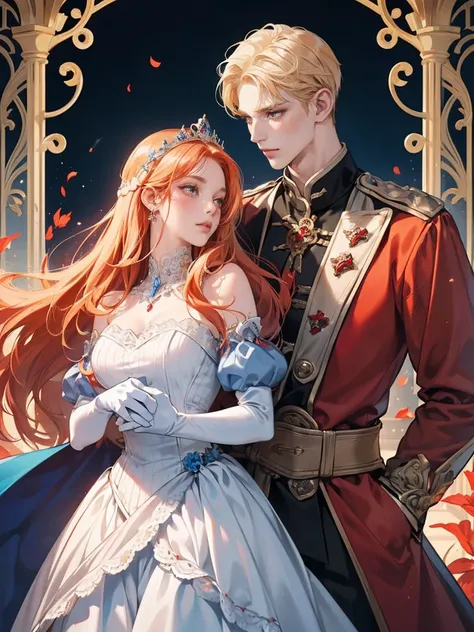 (absurd, high resolution, ultra detailed), couple, 1 boy with deep red hair, 1 girl with almost white ash blonde hair, different hair and eye color, (1 woman with orange eyes, with ash blonde hair, red princess dress with elegant details and covers her ent...