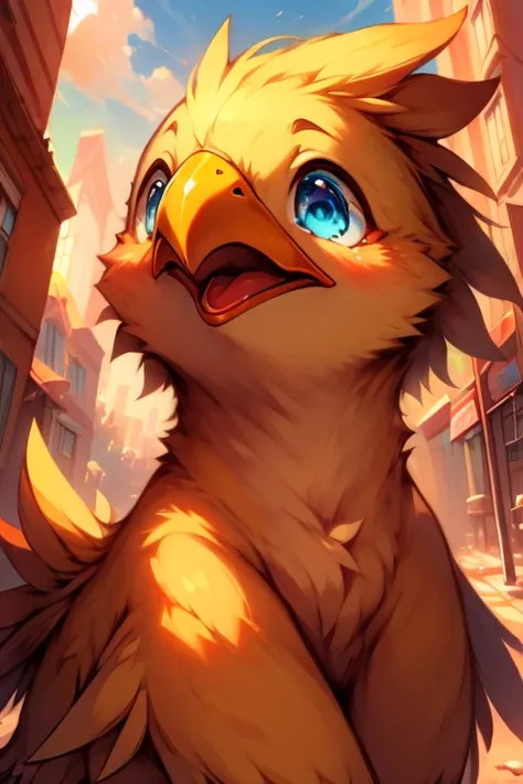 masterpiece, A cute little bird, Alone, blue eyes, Yellow body, Red mouth, cute expression, chocobo, the big city, Surprised expression