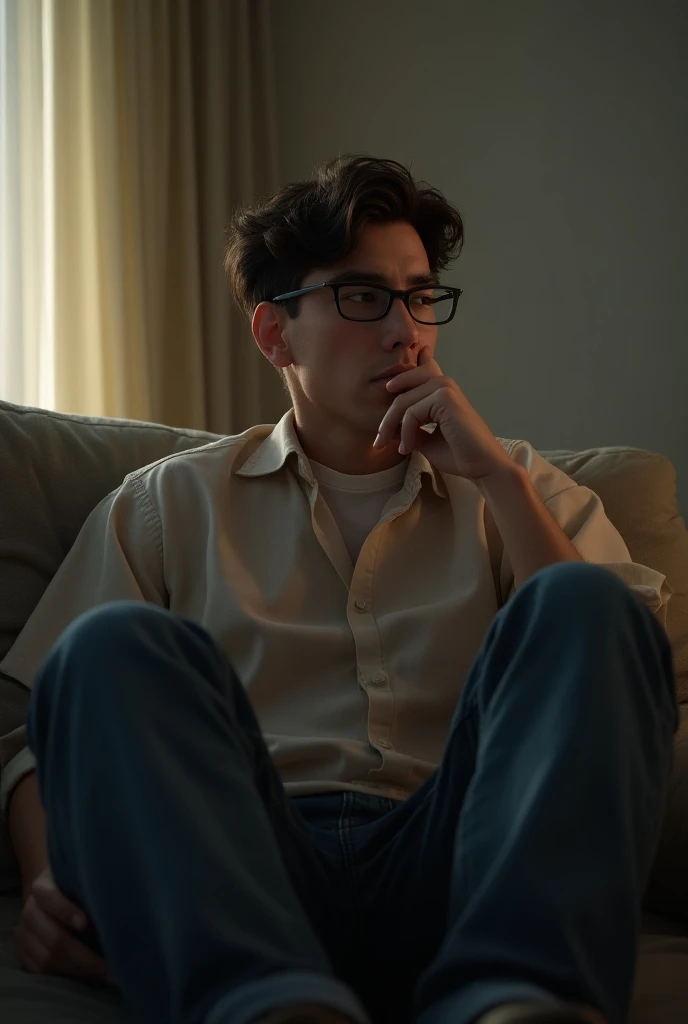  please describe a  sitting on the couch, the  is wearing glasses , but you dont need a picture of his couch 