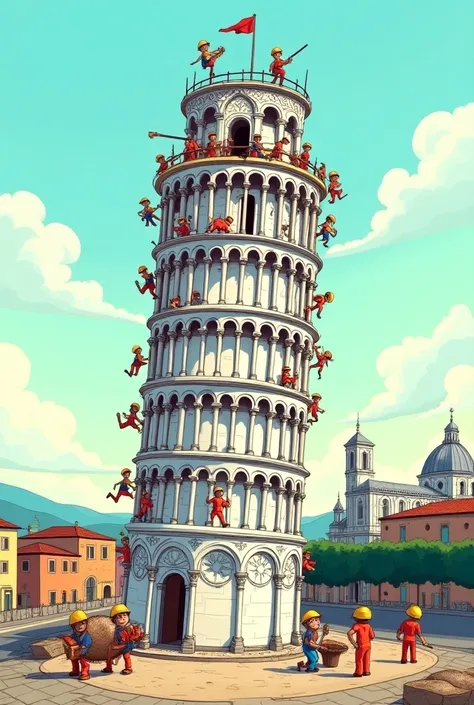 THE PICTURE OF THE TOWER OF PISA BUT construction renovation, COMIC drawing art styel