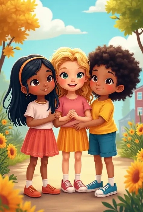 best quality, CARTOON 3 FRIENDS , A STRAIGHT BLACK HAIR , A CURLY BLOND HAIR ,  ONE WITH CURLY BLACK HAIR 