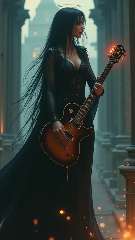 A cinematic medium shot of an anime-style medium shot of an oil painting masterpiece by Mike Mignola. In the foreground, theres a fierce female rock guitarist adorned in a dazzling glittering outfit. She passionately plays her radiant electric guitar, emit...