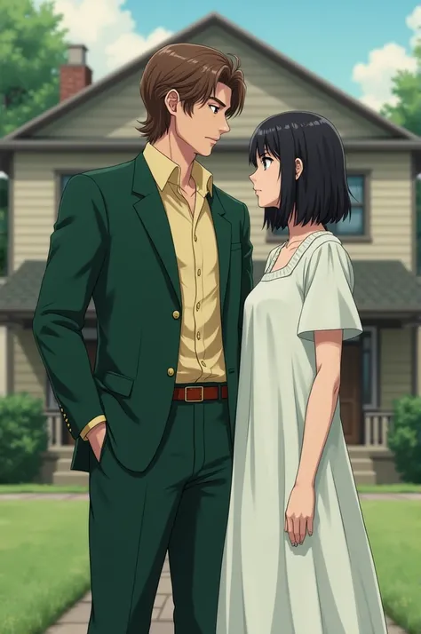 Medium build male with shoulder length brown hair wearing dark green suit with light yellow shirt with red shoes and young woman with short black hair wearing white night gown standing in front of a House in the background 