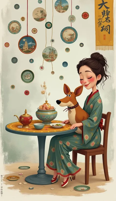 Disney Pixar image  , Wall of plates , round table ,  oriental woman wavy brown hair ,  sausage dog in lap  