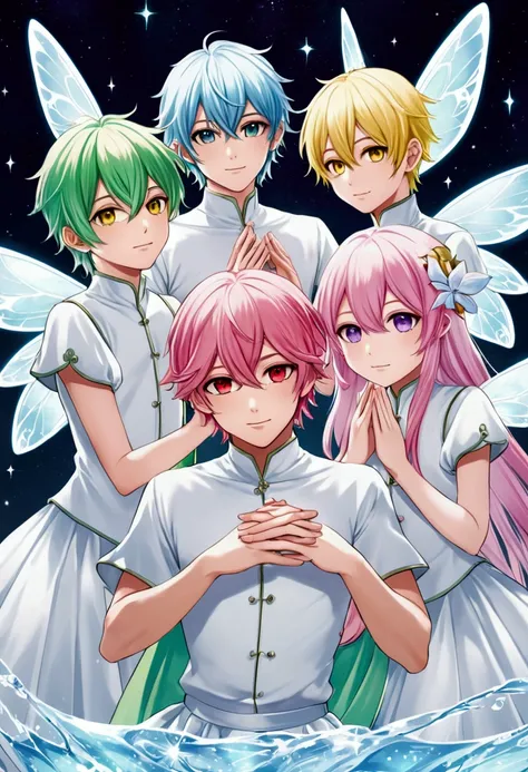 4 fairy boys ,  they wear a mini transparent skirt ,  one with pink hair red eyes represents love ,  another with light green hair and yellow eyes representing nature and another with light blue hair lilac eyes representing water and one with light yellow ...