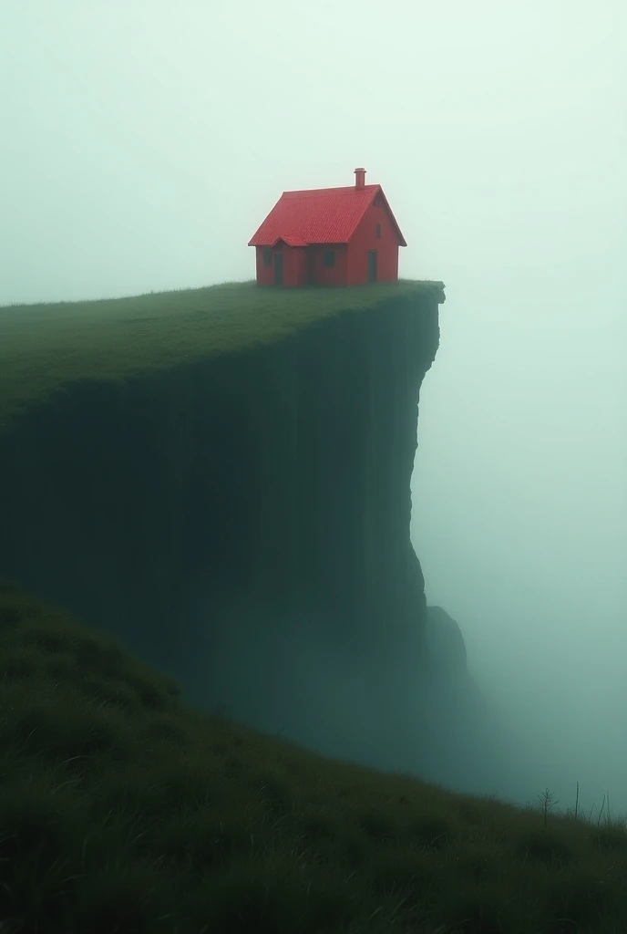 a green meadow without plants or trees with a blood-red cabin on a cliff that seems to have no end. The weather is cloudy with a lot of fog .