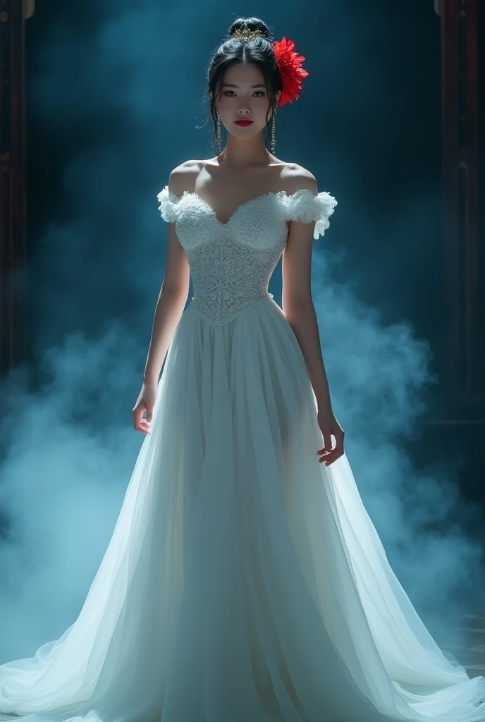 Generate an image of a woman resembling Jessica Jung, styled in an exquisite Snow White princess gown with a structured bodice and intricate designs, complementing her poised, elegant figure. Her silky, dark hair is tied into a high bun, decorated with a v...