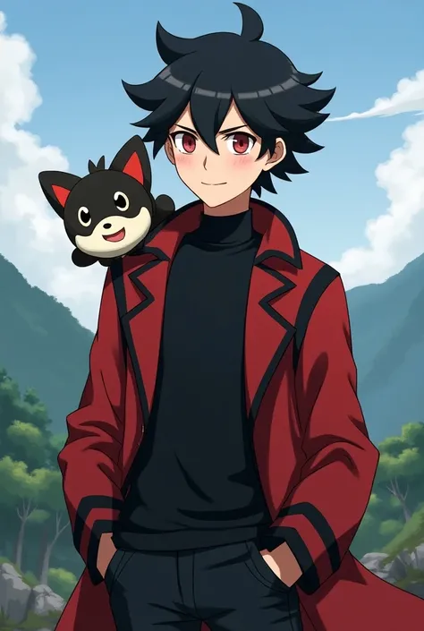  Create a character with Oreki Houtaros hair,  black shirt and red and black coat , Mimikyu on the shoulder in the Pokemon universe  