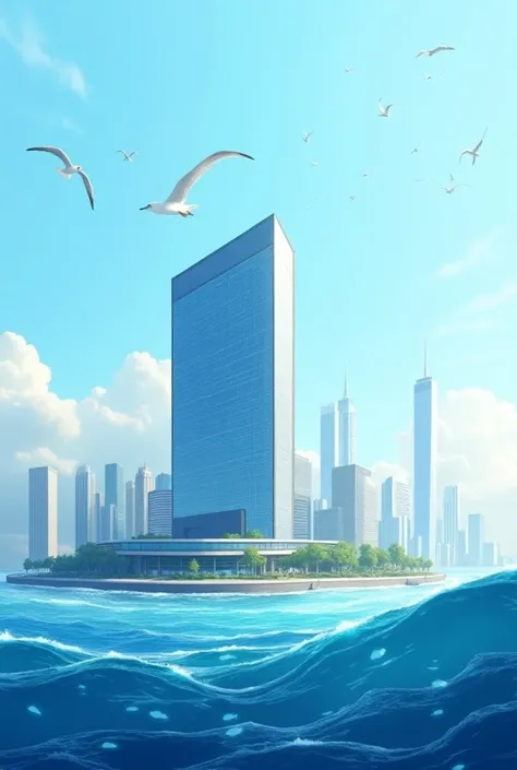 A greeting card with the UN General Secretariat building in New York that highlights the theme of the ocean