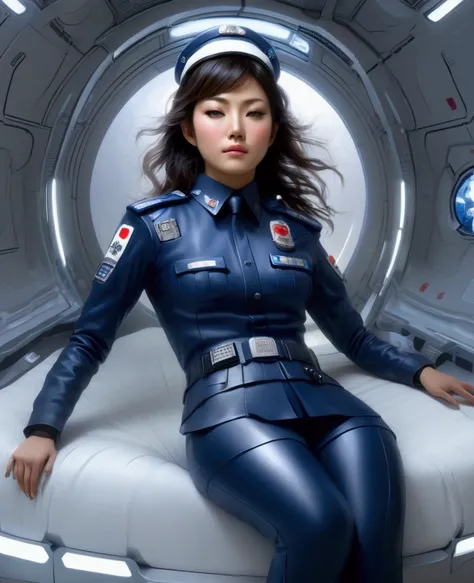 (((( Japanese Woman Police Officer 2005 )))), with flowing hair on a realistic futuristic space station)), ((sleeping in coffin shaped futuristic cryopod)), ((cushioned bed with display and glowing control surfaces)), ((scifi circlet on head)), weightless ...