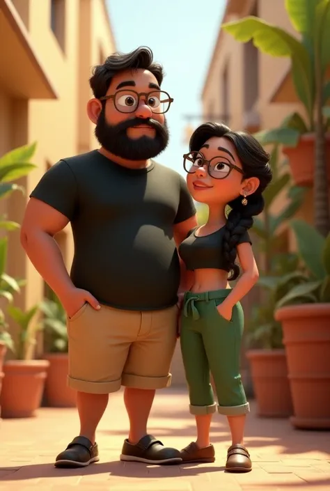 Pixar style cartoon couple .  A tall medium-size strong man with a black beard and square-style glasses with beige shorts and a black shirt. Short looking Latin woman brunette medium body long wavy dark hair tied with a braid, with round glasses wearing gr...