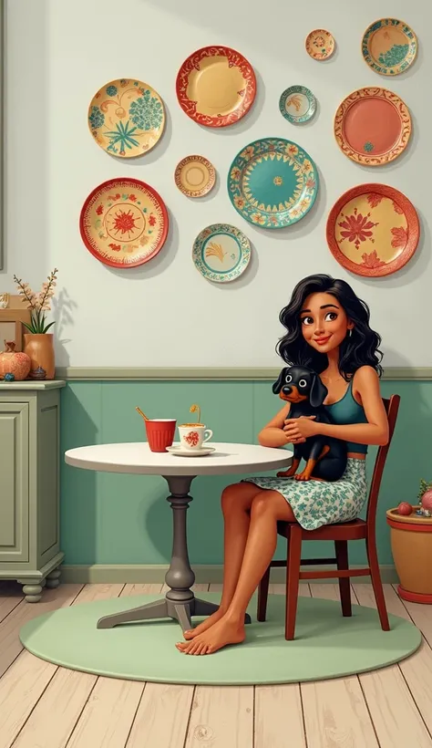 Disney Pixar image  , Wall of plates , round table , Mixed race woman wavy hair ,  black sausage dog on her lap 