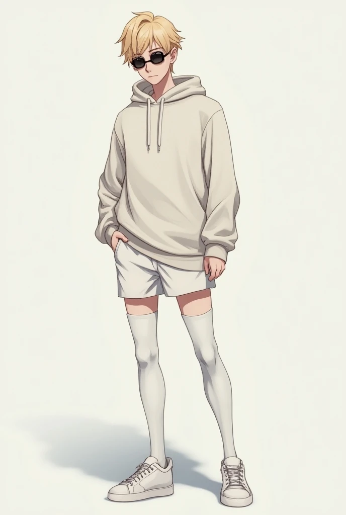 A male character wearing a white sweater, short white shorts, blond hair with black lenses and high white anime tights