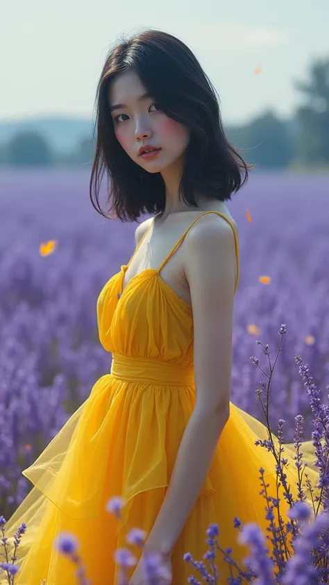  (Qingxu _Asian beauty portrait photography_V11), (Qingxu _Asian beauty portrait photography_F.11), Beautiful Japanese woman wearing short dress made of yellow water paint,  background large pastures tall violet , magic fire floating particles, colored gla...