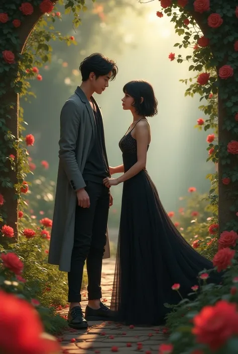 A 17 year old girl kind of introvert enters a fairytale beautiful worild short layers hair wearing full black bodycon and princess dress mixture a innocence on face with her soulmate wearing  black shirt and black pant wearing a grey coat as well black hai...