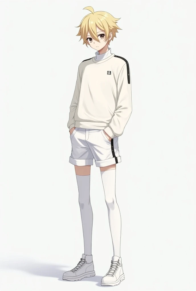 A male character wearing a white sweater, short white shorts, blond hair with black lenses and tall white tights anime without the padding of the lenses.