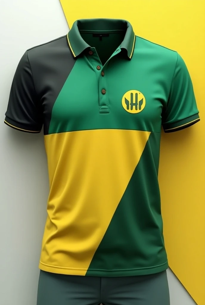  Generate a polo with a shirt collar with the hupaybrand logo
On the chest on the left side , Combine the color green, yellow , black and white and give it style