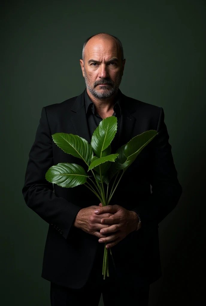 Actor Jean Reno  (Leon the professional)  posing with a plant 