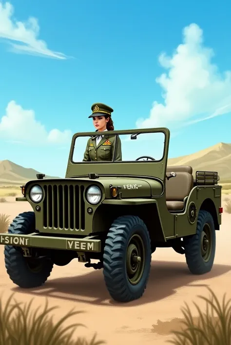 Open jeep  army with lady officer sitting 
