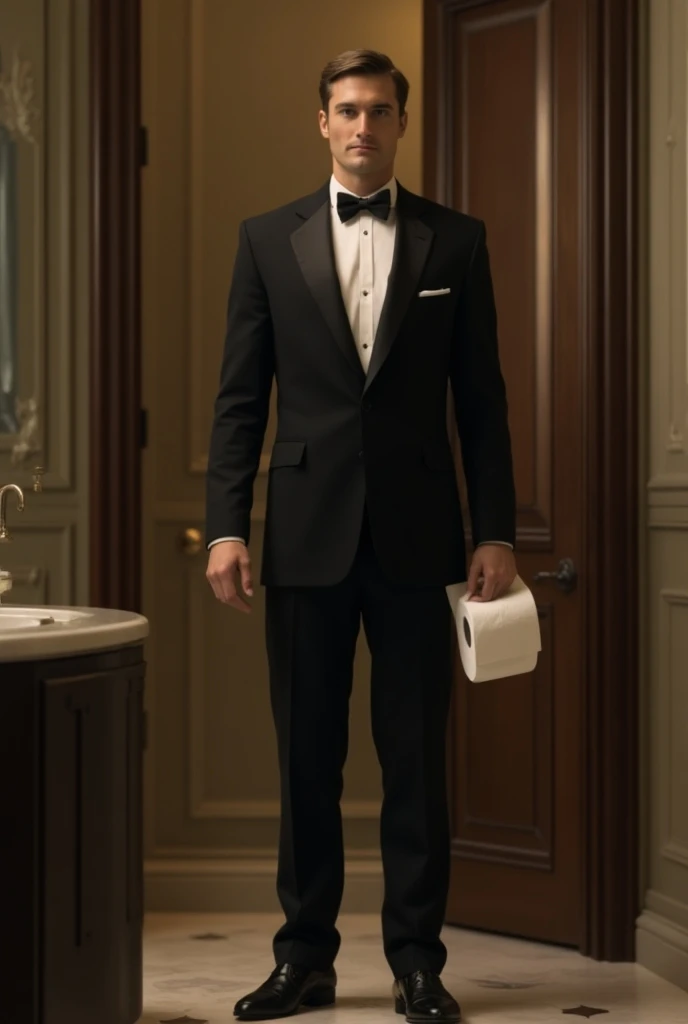 Butler holds a roll of toilet paper while standing next to the door of a bathroom where his sexy millionaire boss entered 