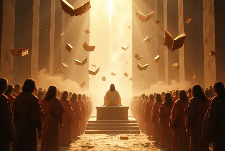 A bright, heavenly scene with books floating in the air around the Great White Throne. Jesus sits in judgment, while lines of souls from every nation and time period await their turn to stand before Him, as angels look on, ready to record the final verdict...