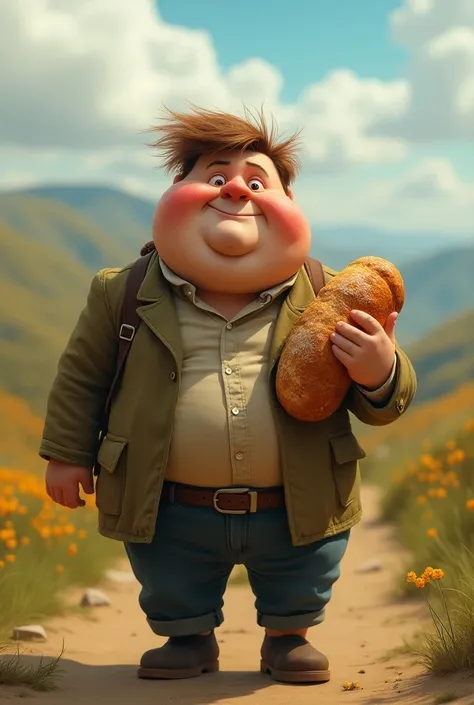 Chubby adventurer wearing an 18-year-old brown-haired blazer ,  carrying a bread roll, Realistic image 
