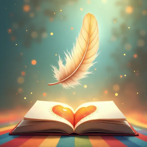  A beautiful, clear, cream-colored feather floats fluttering above the picture book、There is an illustration of a heart on the picture book page that opens 、The color of the floor where the picture book is placed spreads in a rainbow of colors 、Warm atmosp...