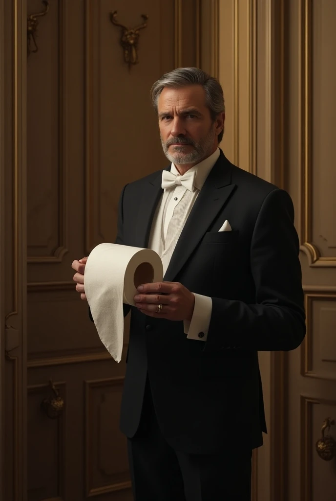 Butler holds a roll of toilet paper between his fingers while standing next to a luxurious bathroom door 