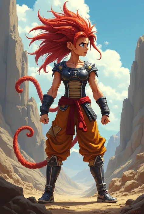 A Saiyan girl thats standing and is wearing a Saiyan armor plus has a monkey tail and she is training to be stronger