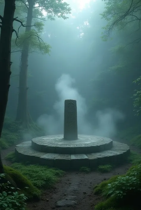 Stone circle in the forest with a stone altar in the midst of fog 