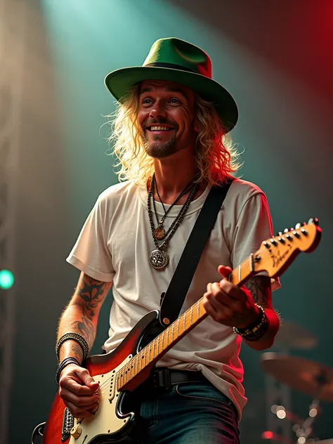 in the image,  we see a blond rock guitarist , with a big smile,  wearing a stylish green hat and a white t-shirt . He&#39;s on stage,  playing a worn electric guitar ,  surrounded by a live concert atmosphere , with soft backlights .  The guitarist has vi...