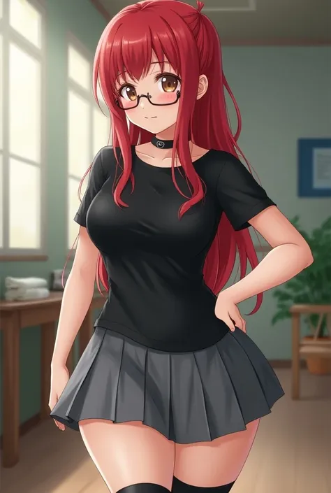 Create a short 16-year-old woman measuring 154 cm, 87 kilos ,  red dyed hair ,with bangs, hair down to the neck, glasses,  cup bra F , XXL panties butt, with very thin hips, big thigh,  dressed in a school uniform that is a slightly tight black t-shirt, a ...