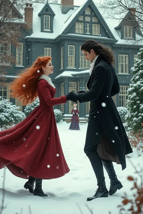 Woman with long red hair natural waist at the waist ,  wears a simple Victorian Chiara dress from 1885 ,  theyre in a garden of a dark Victorian mansion , It&#39;s snowing, afternoon, She is throwing snowballs at a dark-haired man falling on her forehead (...