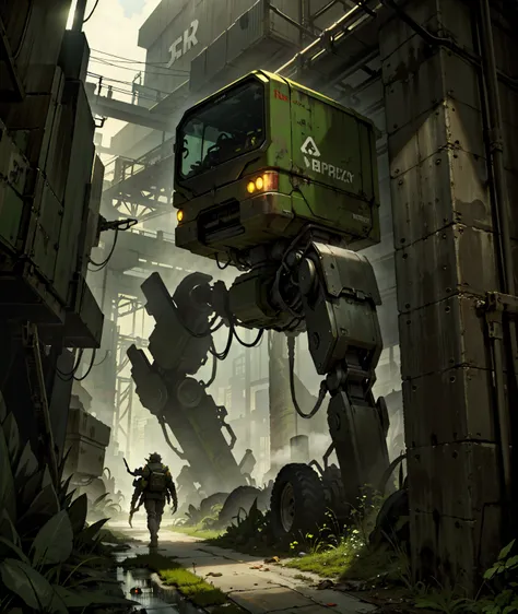 Trash bin ,  huge pile of garbage ,  above it a huge robot "mecha grasshopper", yellow with black.  Furturismo . post-apocalyptic. industrial environment, moss,  ultra-detailed garbage  ,  ultra high definition .