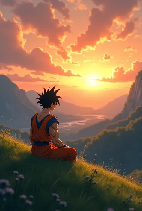 Generate Son Goku sitting alone on a hill watching the Sun bet