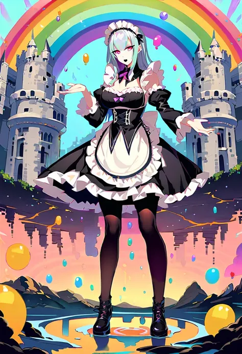 Young beautiful woman,(Best Quality,Extremely detailed depiction,Incredibly absurd high definition,Anatomically accurate,Beautiful legs,Porcelain-like skin),(Black and white gothic maid outfit,Maid Skirt,corset,Black tights),eyelash,(Silver Hair,Purple Eye...