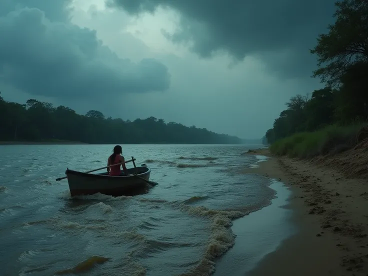 A dramatic scene by the river as storm clouds roll in. The once-calm waters are now turbulent, and a small boat with Mariana inside is being pulled by a strong current toward a muddy shoreline. The boat comes to a sudden halt as it gets stuck on a sandbank...