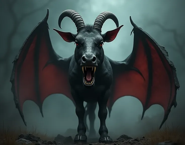 Dark landscape ,  open-mouthed horse head with pointed teeth, with goat horns , red bat wings