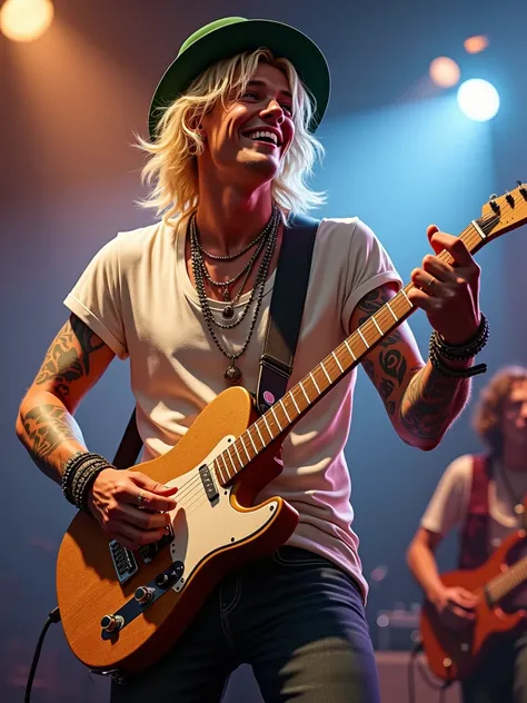 in the image,  we see a blond rock guitarist , with a big smile,  wearing a stylish green hat and a white t-shirt . He&#39;s on stage,  playing a worn electric guitar ,  surrounded by a live concert atmosphere , with soft backlights .  The guitarist has vi...